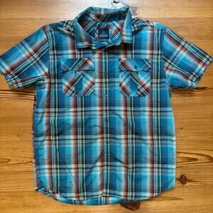 PrAna blue brown plaid short sleeve button up mens shirt SIZE XL